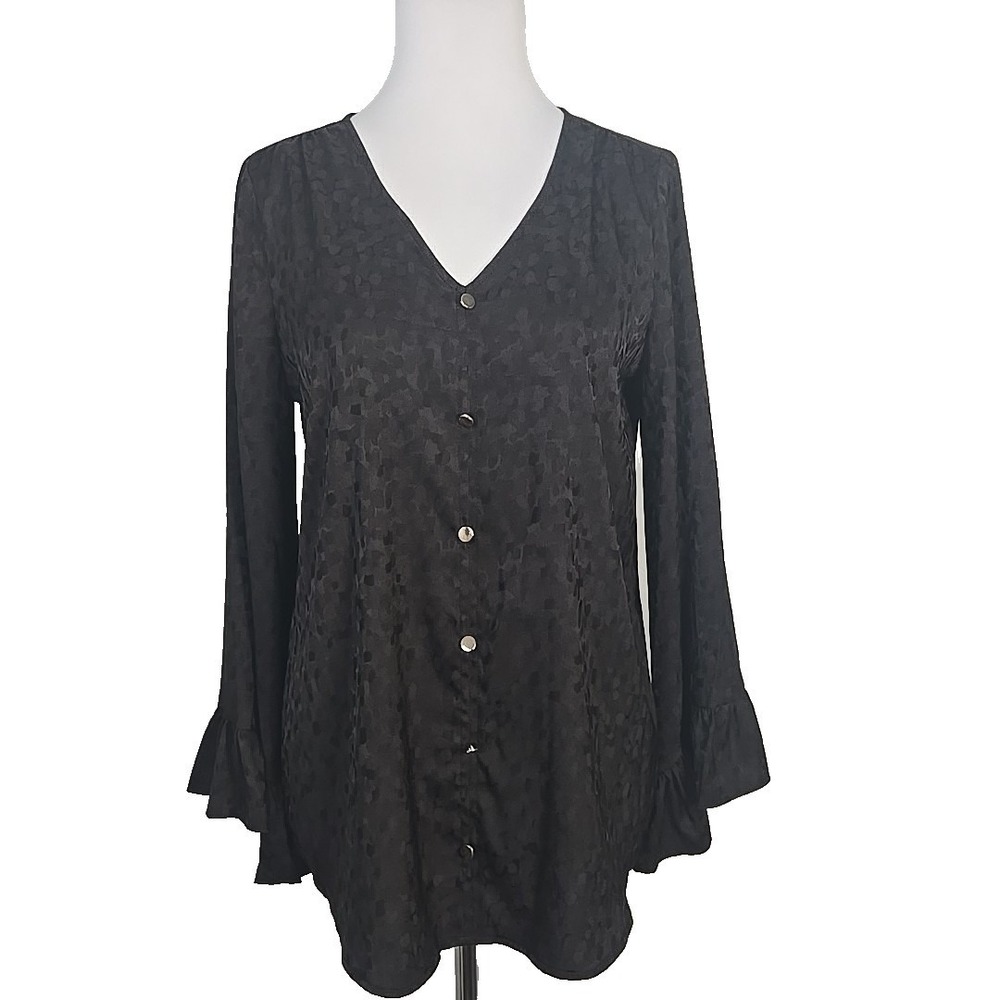 I.N. Studio Black Matteโ Satin Long Ruffle Bell Sleeve Blouse Top Medium M